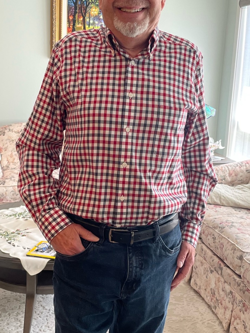 Kirkland Signature Red and Navy Check Button-Up Shirt